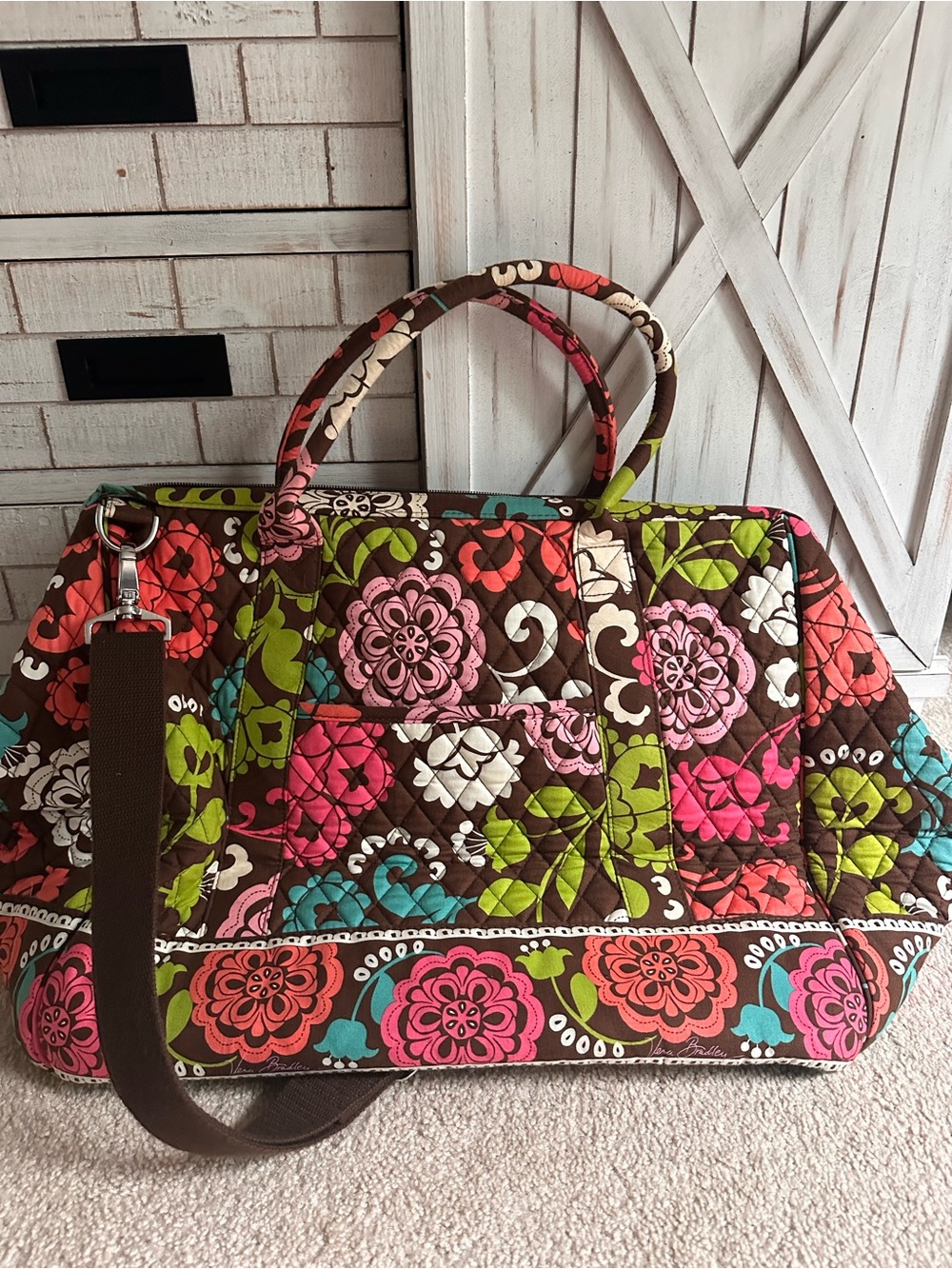 Vera Bradley Brown Quilted Travel Bag with Pink, Green & Teal Floral Print